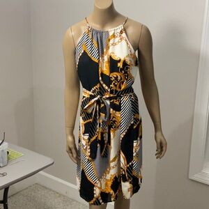 fab'rik Black, White & Gold Halter Tie-Waist Mini Dress